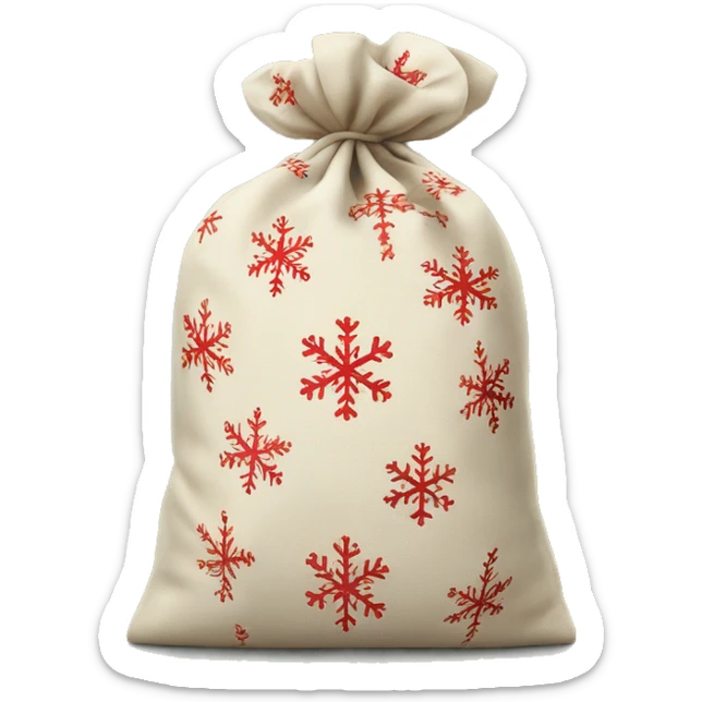 Generate an emoji of a Christmas-themed cloth bag, tied with a string, decorated with festive elements like snowflakes or holly, and ready to hold gifts—no money or currency symbols. sticker