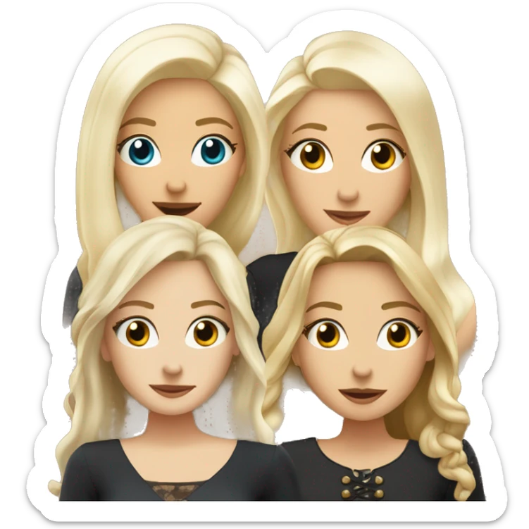 Four beautiful white european girls, one with blond hair and two dark blond hair in dresses have coffee sticker