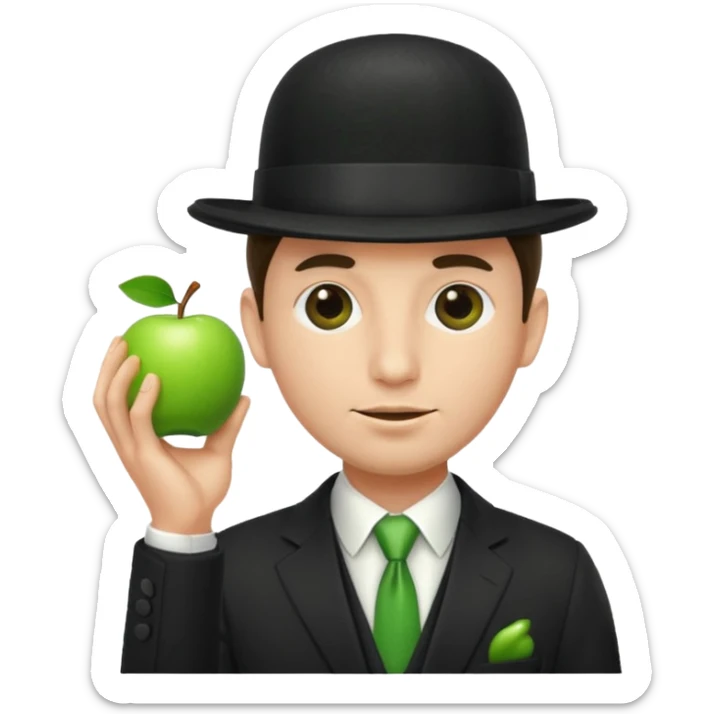 homme en costume chapeu melon aven avec une pomme verte qui cache son visage  sticker