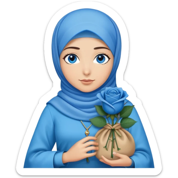 Turkish beautiful finish Konya girl blue eyes with blue hijab islamic dress and had on her hand blue rose bag sticker
