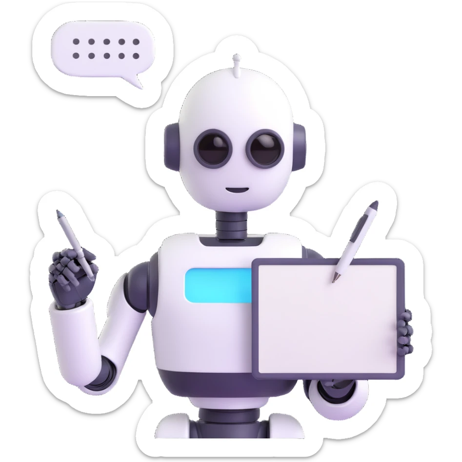 emoji fusion of a friendly humanoid robot holding a pen, a hand writing on paper or screen, and a speech bubble with dots coming from the robot's head or mouth, symbolizing an AI that writes and communicates reflectively and empathetically with human-like expression sticker