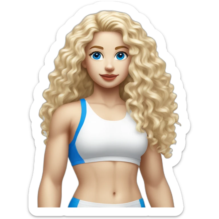 hyperrealist white long curly blonde hair blue eyes girl with white sports bra tight swim suit and sneakers facing towards camera sticker