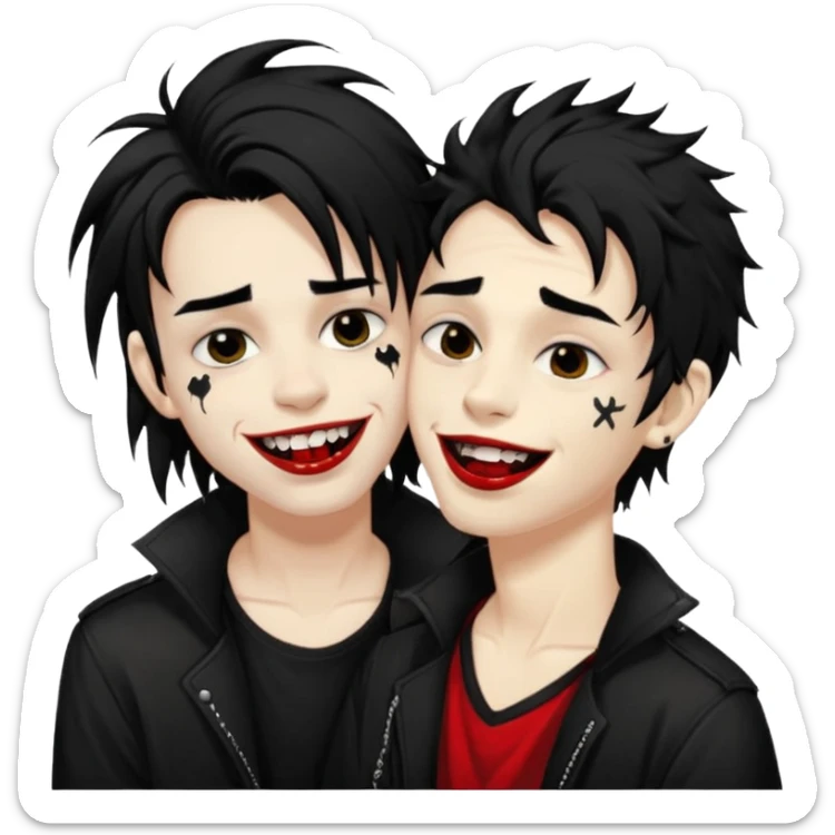 Laughing pale Goth boy with a bunch of face piercings, with shaggy dark brown hair, and messy black eyeliner , smudged, red, lipstick , kissing tan boy with long black hair  sticker