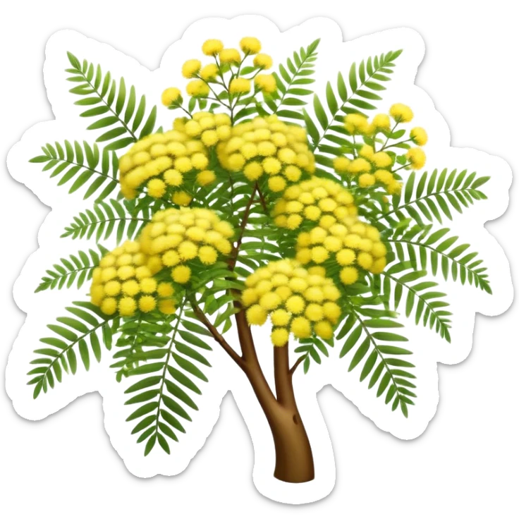 Cinematic Realistic Acacia Emoji, Bright and cheerful, with clusters of fluffy yellow flowers blooming along delicate branches. The wattle’s soft, fern-like leaves sway in the breeze, radiating a sense of warmth and joy. Soft glowing outline, capturing the essence of Australian sunshine, warmth, and beauty in a vibrant acacia tree! sticker