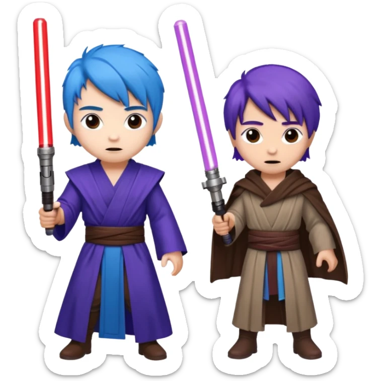 one blue haired jedi with purple lightsaber vs dark brown hair jedi with red lightsaber emoji sticker