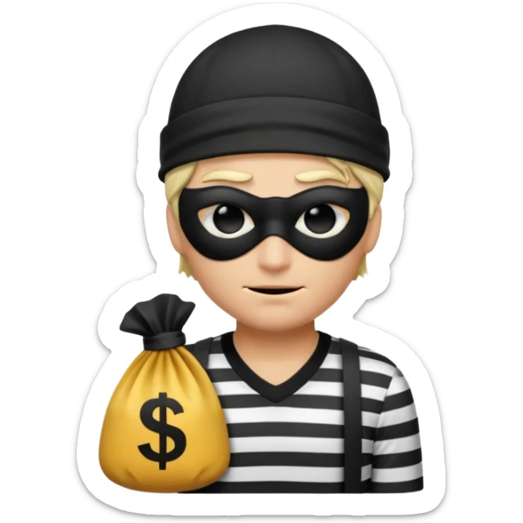 a short ios emoji-style portrait of a classic burglar, a black eye mask and a black-and-white striped shirt. emoji-like hair, black hat, ONE bag of money 💰 with a dollar sign in a right corner, evil expression WITHOUT a hand  sticker