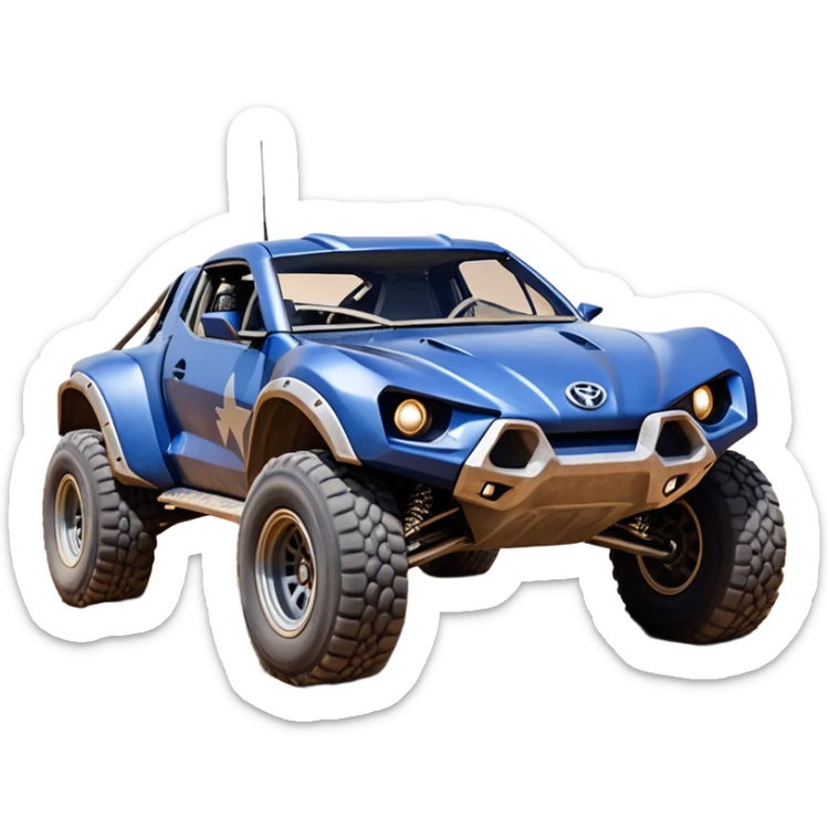 Mandalorian evil darkly night blue Dirty and dented Local Motors Rally Fighter off road race car hot rod meets 2013 Toyota 86 trophy truck-style basher flying on a dusty road (silver wheels) sticker
