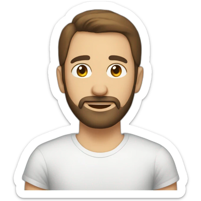 man with brown short hair and short beard wearing a t-shirt with the word escutai sticker