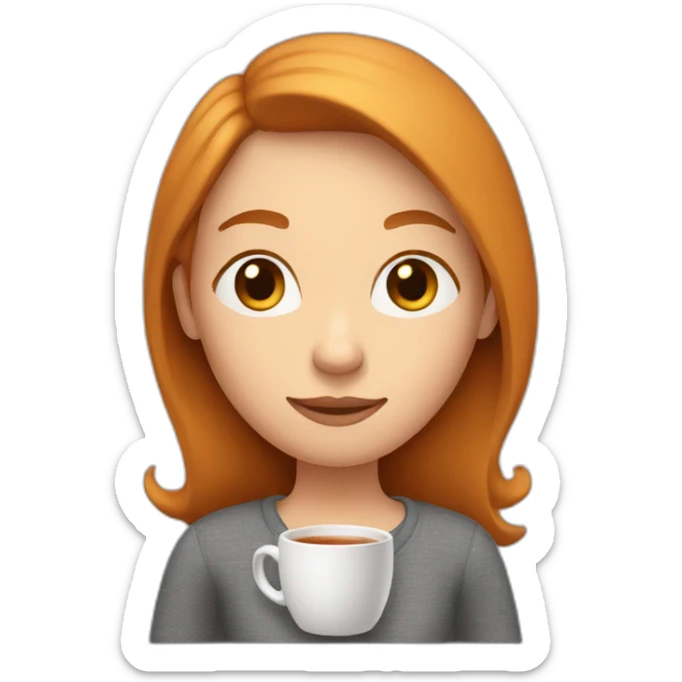 shy woman with shoulder length ginger hair holding cup of tea sticker