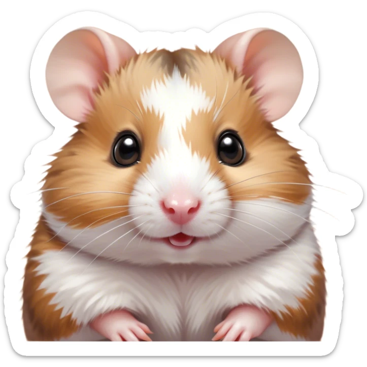 Cinematic Cute Brown and White Banded Hamster Portrait Emoji, Head tilted playfully and inquisitively, showcasing a fluffy fur with playful brown and white banded patterns, round, sparkling dark eyes filled with curiosity, Simplified yet irresistibly adorable features, highly detailed, glowing with a warm, friendly glow, high shine, affectionate and lively, stylized with a touch of whimsy, bright and endearing, soft glowing outline, capturing the essence of a mischievous yet loving hamster, so playful it feels like it could dash out of the screen and into your arms! sticker