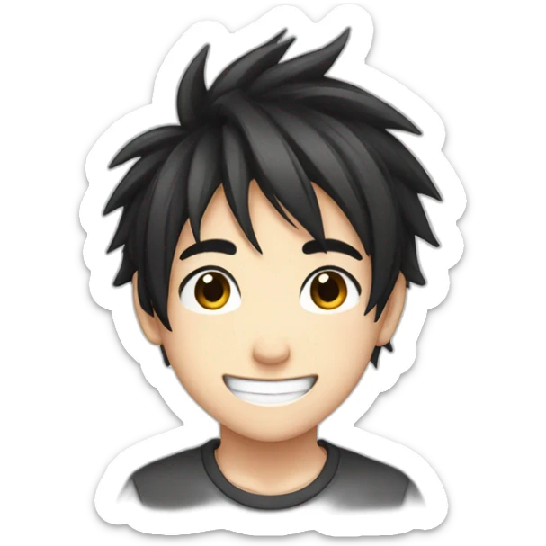 anime boy cartoon smiling with black hair and black and white t shirt sticker