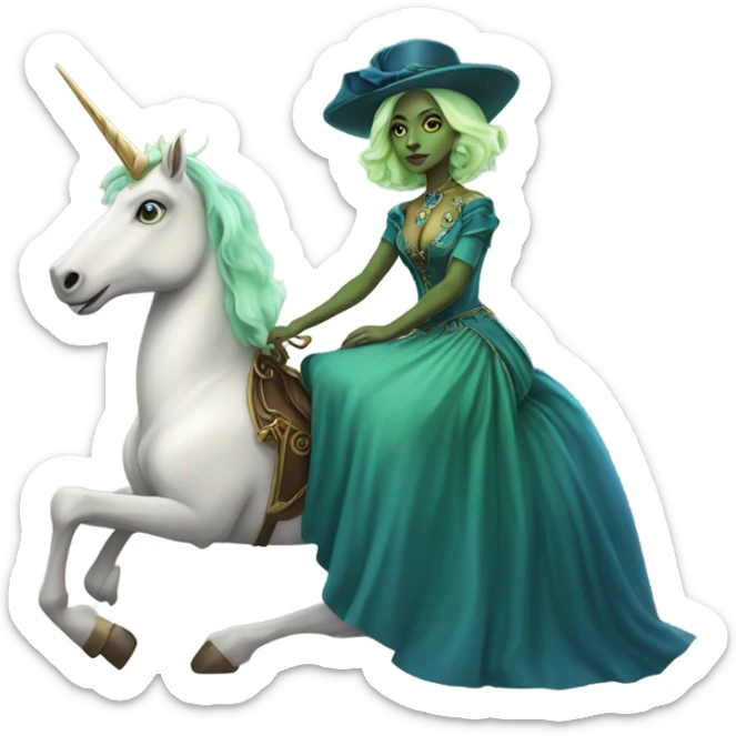 "galora green blonde alien woman" in blue Victorian dress elegant, full body, on brown and white unicorn sticker