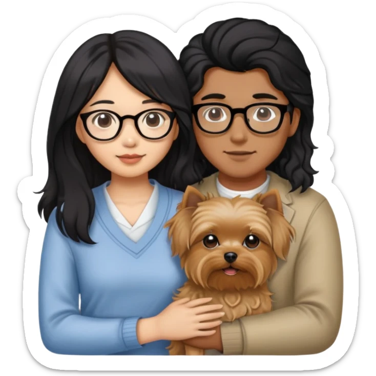 A couple holding a small Yorkshire Terrier together. The girl is Asian with long, luscious wavy black hair (loose, no hair tie). She is next to her boyfriend, a brown-skinned man wearing glasses with a korean haircut sticker
