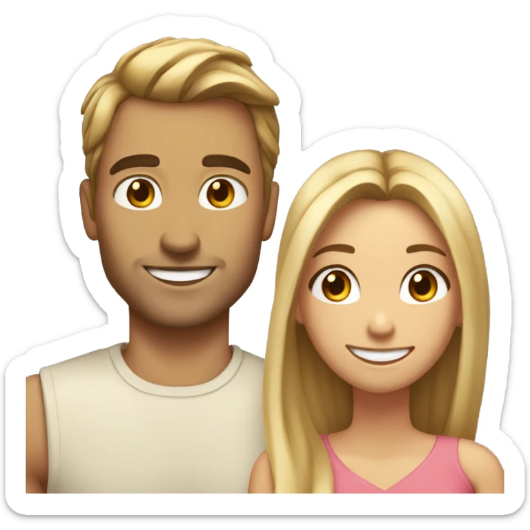 Woman and man smiling, woman has straight Brown hair in a ponytail, slightly sunkissed skin, man has blonde long hair which are in a ponytail, slightly sunkissed skin sticker