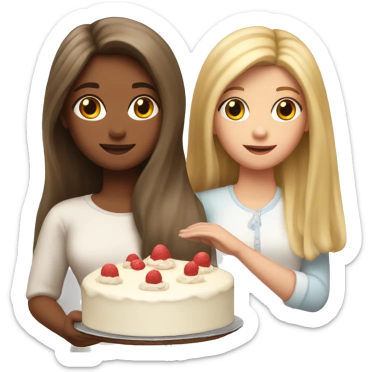 Girl with long blond hair and girl with brown straight hair together holding big white cake sticker