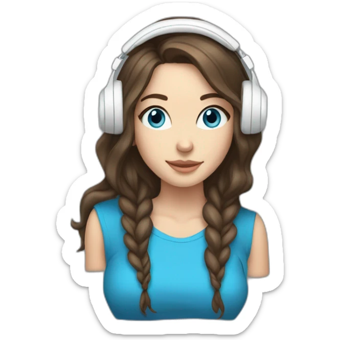 brunette white girl with long hair blue eyes listening to music with her phone in her hand with white wired headphones  sticker