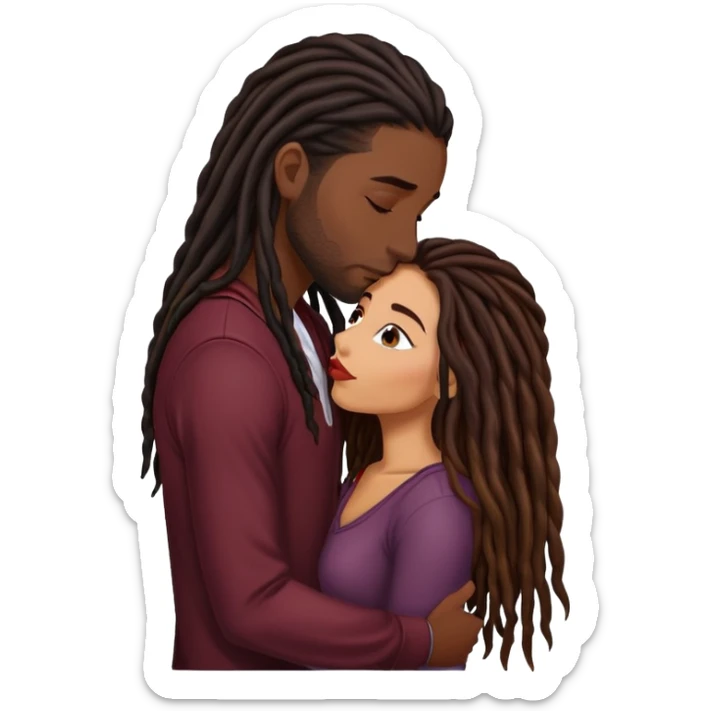 Dark Wine colored hair Latina long hair, kissing young black guy with dreads sticker
