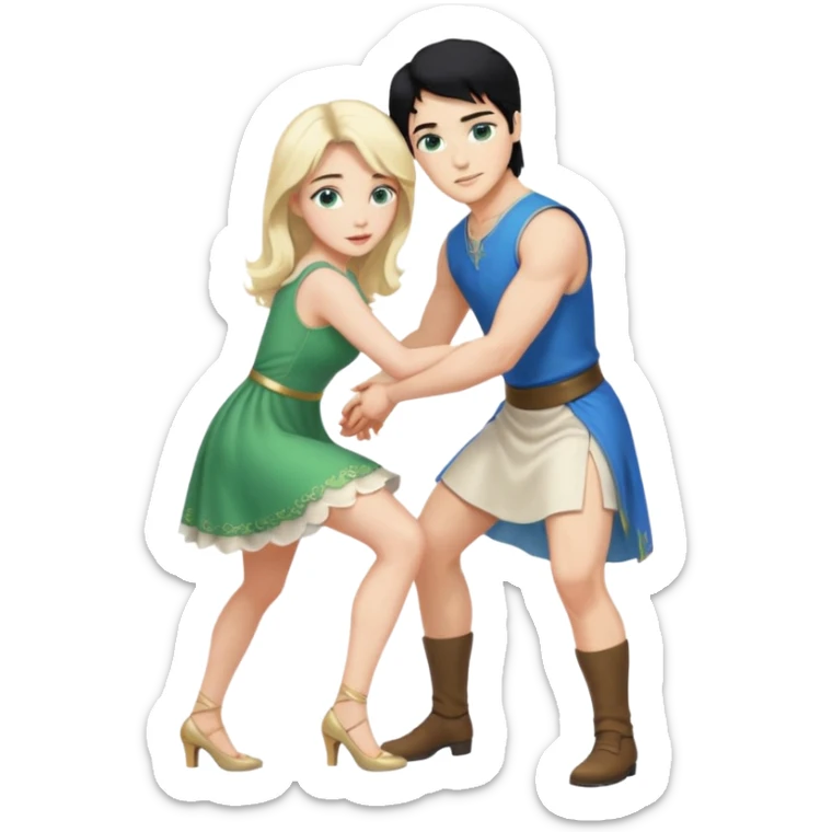 prince, upright, black Hair, blue eyes, Woman, blonde Hair, Green eyes, bending knee, sleveless White Dress, sticker