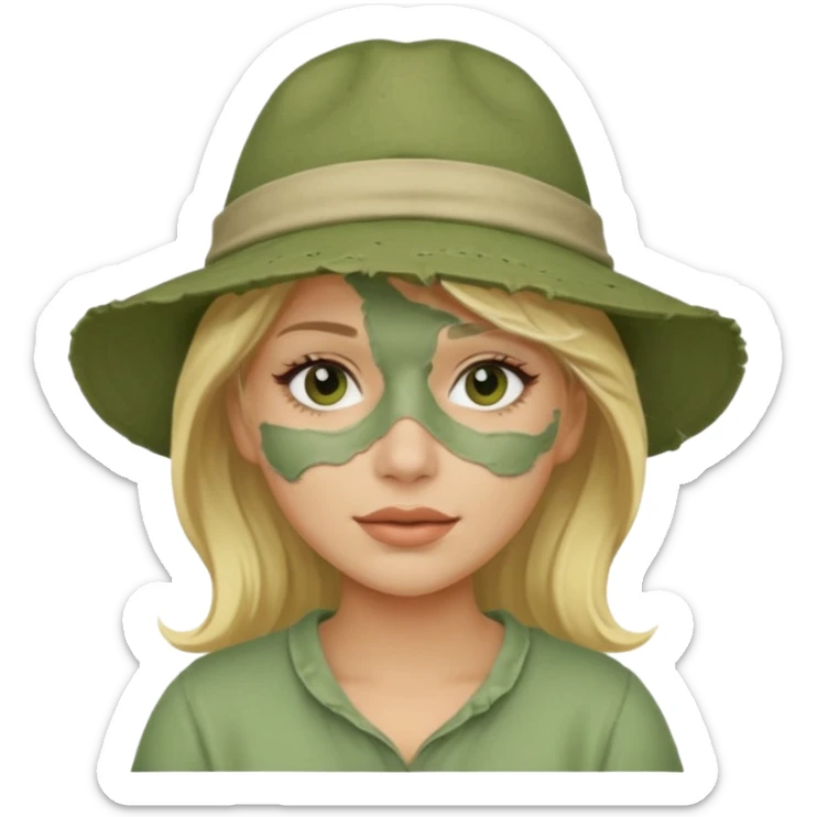 messy green full face clay mask and tourist hat blond woman  sticker