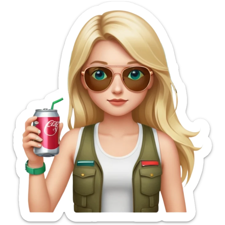 girl with long blond hair
with blue eyes
and aviator sunglasses
wearing white tank top 
holding a soda can
wearing (rose gold apple watch with forest green band) sticker