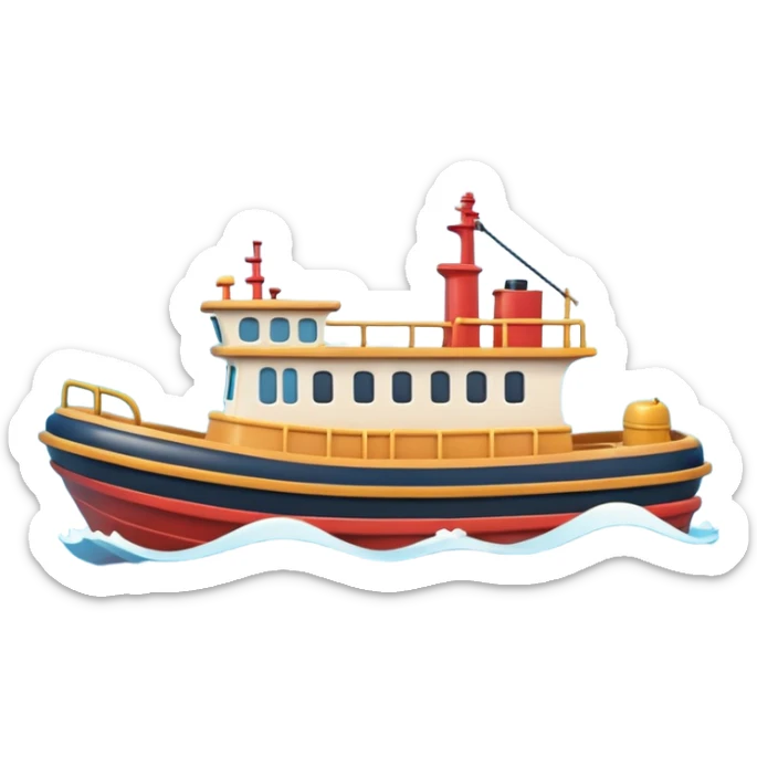 A 3D cartoon tugboat towing another boat on calm blue water, soft waves, clear sky, Memoji-style. sticker