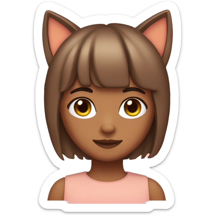 peach color skin, brown hair , heart Eyes, with bangs, and cat ears sticker