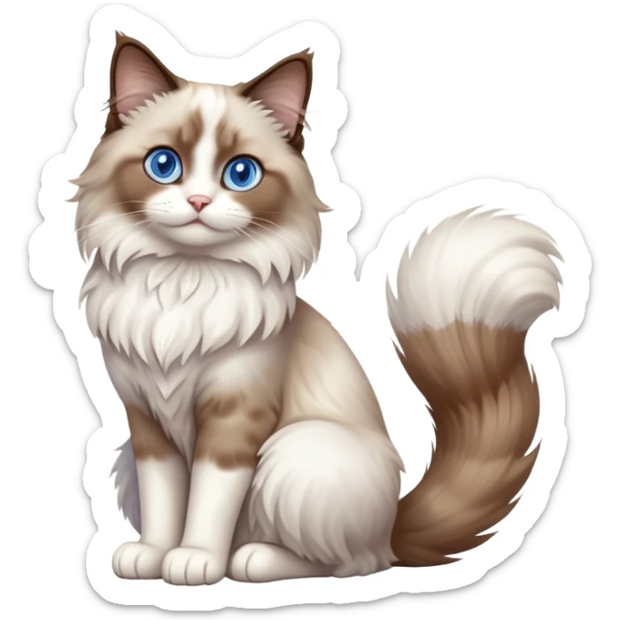 cinematic-[brown and white ragdoll cat]-realistic-full-body-sitting-emoji,-tail-curled-playfully-around-its-paws,-head-tilted-dramatically,-fluffy-[brown and white]-fur,-simplified-yet-realistic-focused-features,-highly-detailed,-glowing-with-an-almost-sarcastic-glow, with blue eyes sticker
