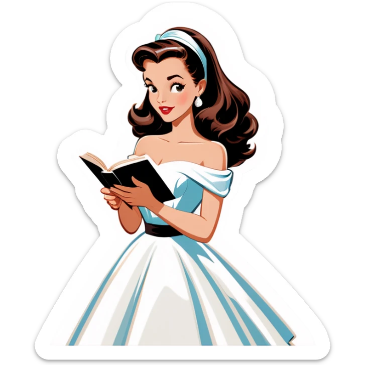 Beautiful woman in 1950’s woman fashion look, off-shoulder white dress, long dark brown hair, reading  sticker
