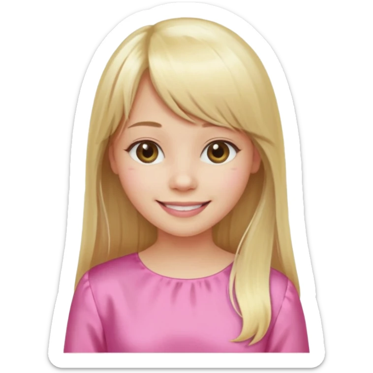 Menina branca de cabelo loiro longo de franja na testa sorrindo blusa rosa sticker