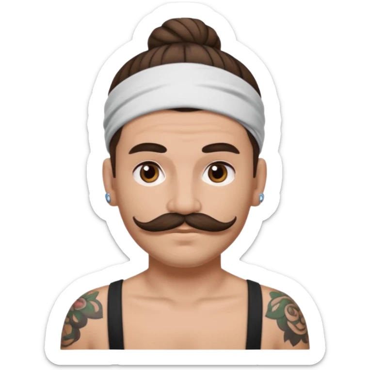 single big bun brunette hair man and mustache and face tattoos very heavy and headband sticker