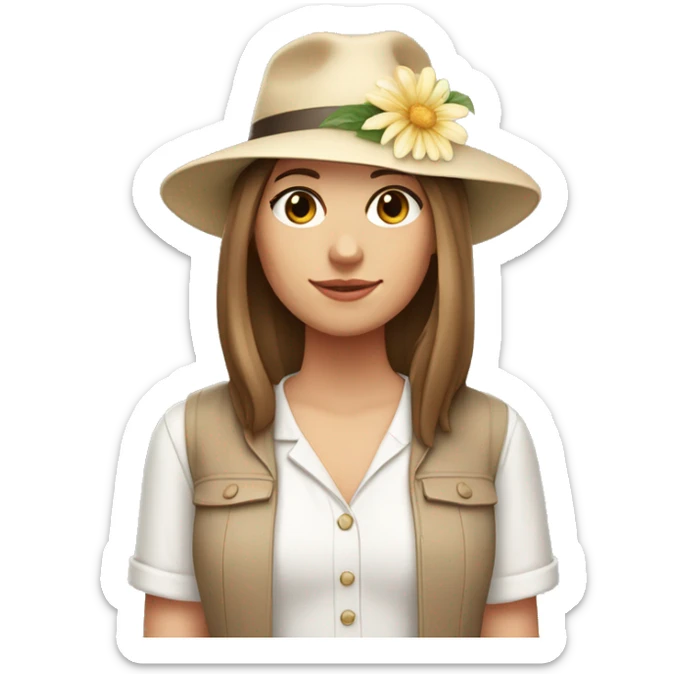 white girl with a flower in her hand, with a hat, shoulder-length brown straight hair, wearing a pastel jumpsuit with white shirt in it sticker