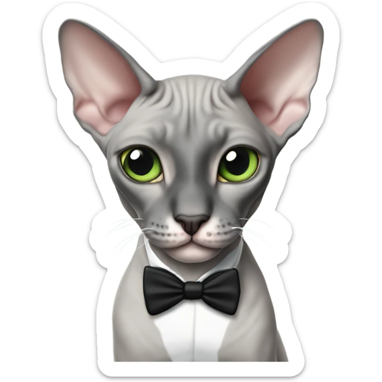 gray sphynx cat with tuxedo markings a black nose and green eyes sticker