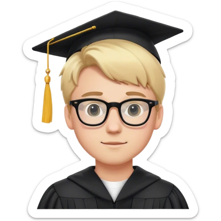 A blonde-haired young white man, wearing glasses, in the middle of his graduation with black and pink theme sticker