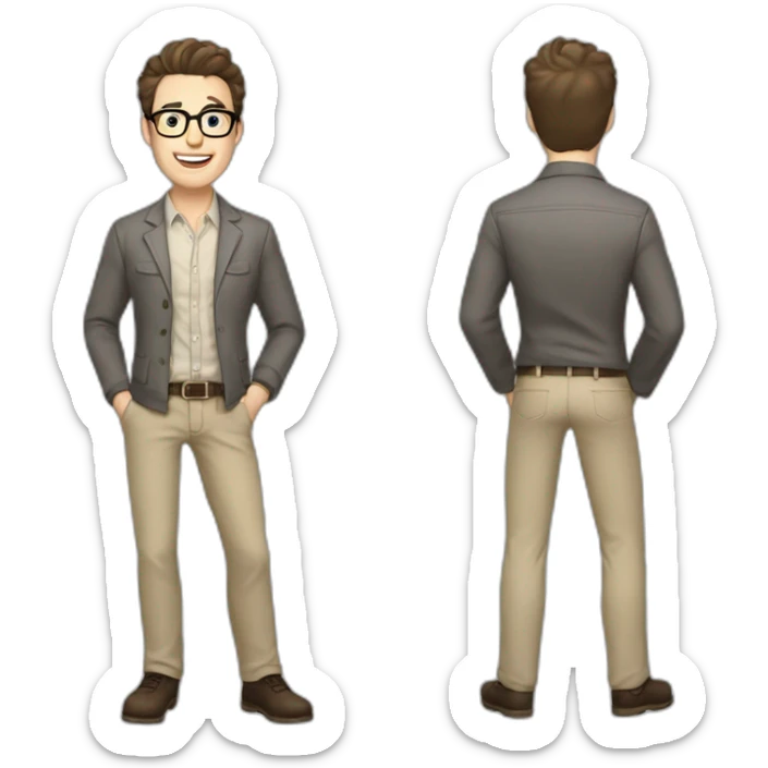 Joyful Full height Pale skinned Fit Man With dark brown hair in gray jacket, beige office shirt, Brown pants and vintage glasses. His thrumbs up sticker