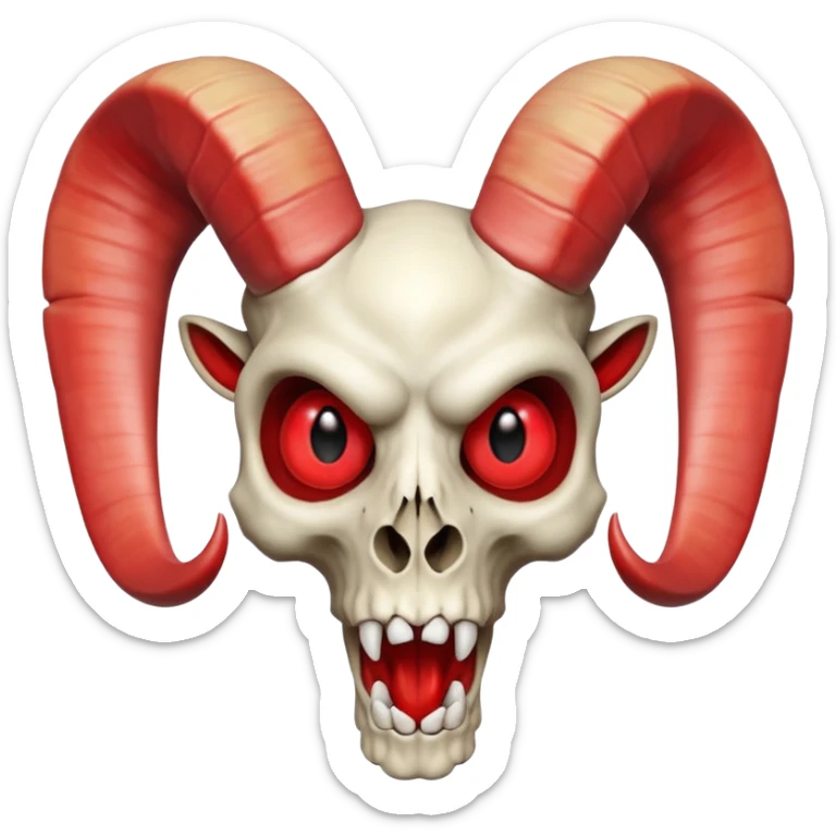 logo of a ram-horned skull with red eyes and a wide mouth, closely matching reference images, matching horn shape, skull proportions, eye color and shape, and mouth expression, bold and iconic, fully inside image borders, Apple emoji style sticker