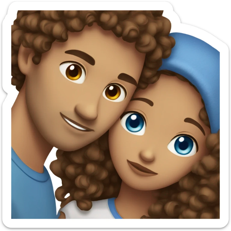 Blue eyes brown curly hair girl cuddling boyfriend straight brown hair sticker