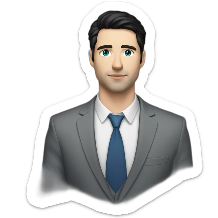 man, blue eyes, 30 years old, white skin, black hair, blazer with t-shirt, good looking sticker