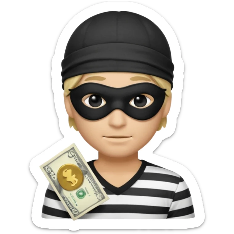 a short ios emoji-style portrait of a classic burglar, a black eye mask (looks like a blindfold) and a black-and-white striped shirt. emoji-like hair, black hat, ONE bag of money 💰 with a dollar sign in a right corner sticker