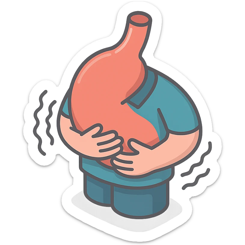 sick stomach in clothing, stomach and hands with waves of pain, shadows and highlights, no face or legs, only stomach in clothing, hands and pain, transparent background sticker