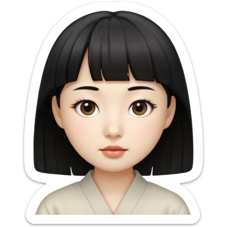 Clean Korean illustration-style emoji portrait of a young Korean woman, front-facing.
Smooth porcelain skin, soft shading, large round eyes, calm neutral expression.
Straight black bangs, black hair tied back, small nose and lips.
Round oval face, soft jawline.

 sticker