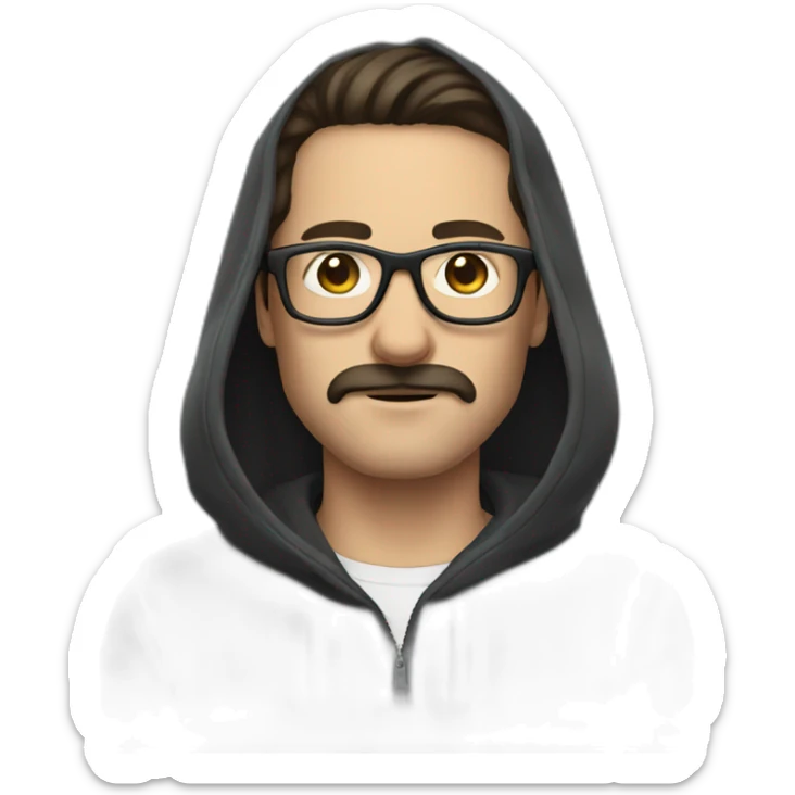 White man dark straight hair moustache, wearing a hoodie, glasses sticker