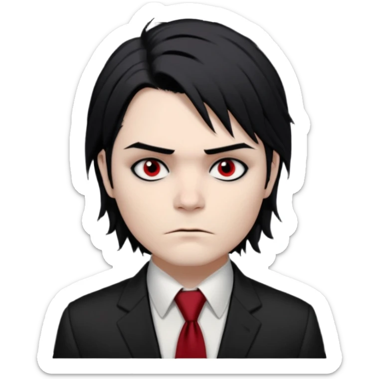 Gerard Way (Revenge Era)
Round, simplified emoji style
Pale skin tone dark eyes
-black, shoulder-length hair messy and emo
Heavy eyeliner and shadow under the eyes
Subtle serious face
Hint of red tie visible on black button up shirt.
Transparent background. Black eyeliner. Messy emo hair sticker