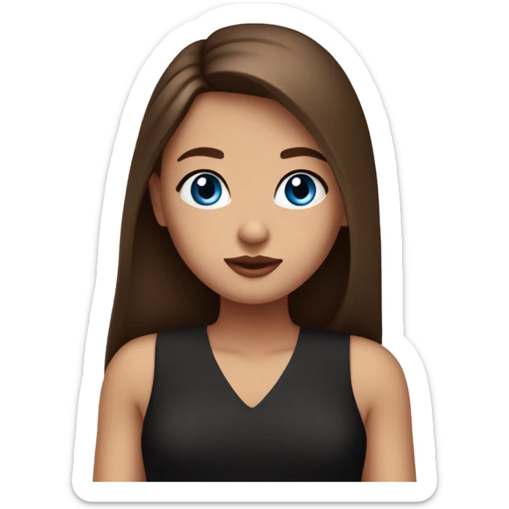 A girl with blue eyes, long straight brown hair, plump pink lips in a black dress sticker
