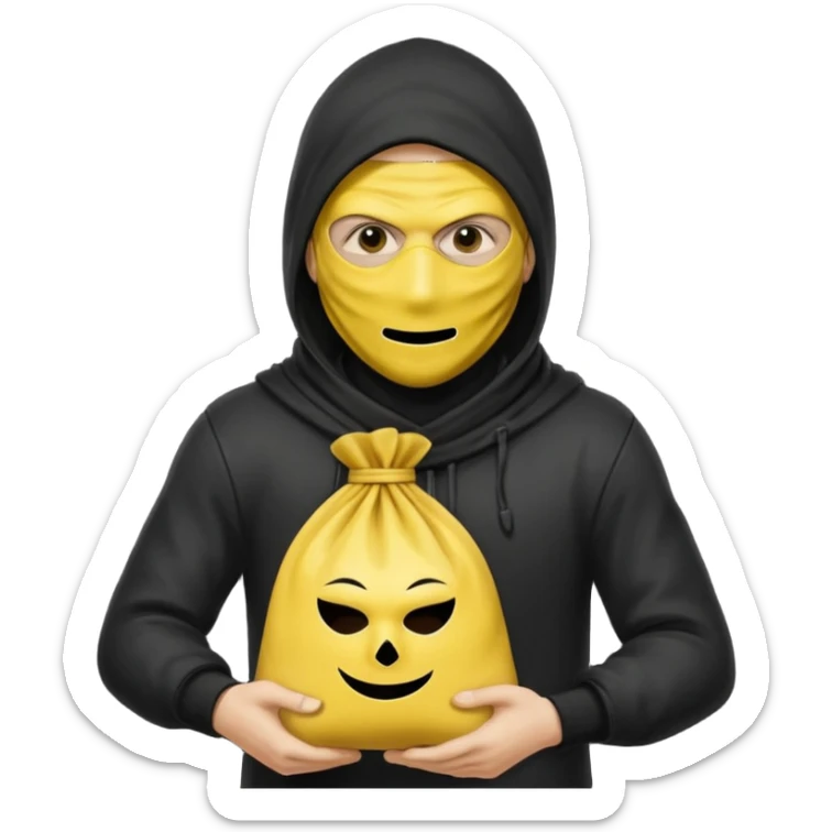 Ladrão com saco de dinheiro emoji efeito Mandela com pele amarelo com apenas a cabeça e os ombros aparecendo sem mãos sticker