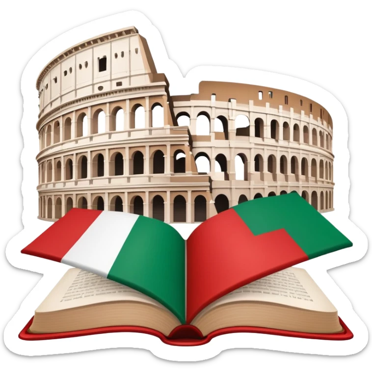An icon featuring the Colosseum and the flag of Italy, symbolizing the Italian language. The design includes an open book with Italian phrases, representing language learning and cultural heritage. Transparent background sticker
