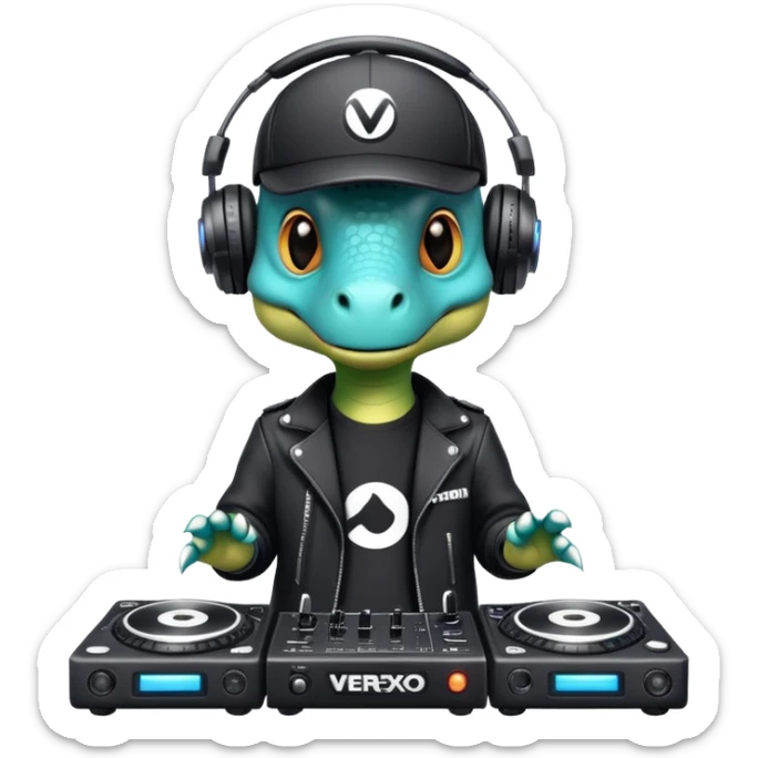 Dinosaurio muy tierno músico DJ con ropa negra futurista con nombre verexxo  sticker