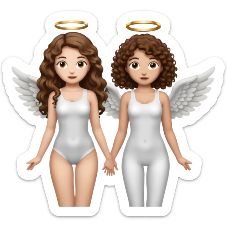 fake angel pose — long wavy brown hair tattooed woman and short tight curly brown hair woman — halo sparkle sticker