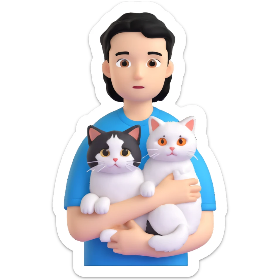 teenage boy with black hair wearing blue short sleeve shirt holding a white ragdoll cat sticker