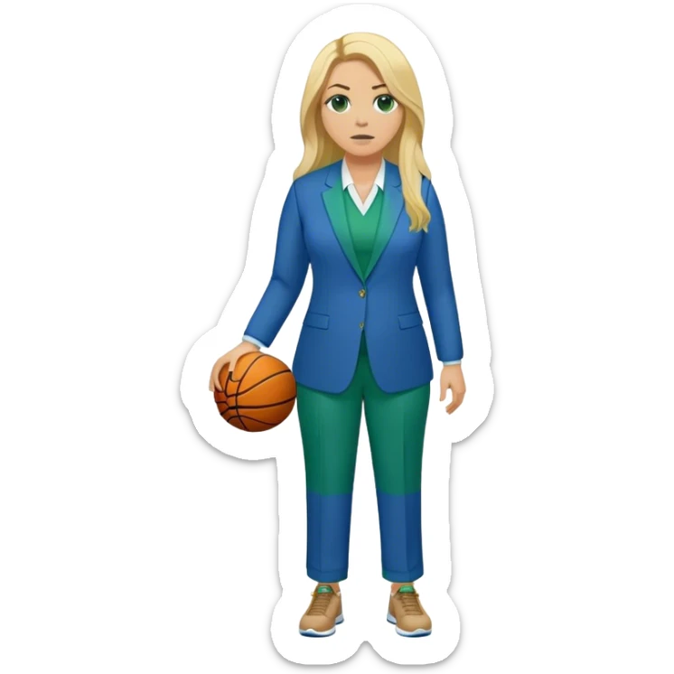 Full Body white plus size female basketball head coach with long blonde hair in a blue and green suit sticker