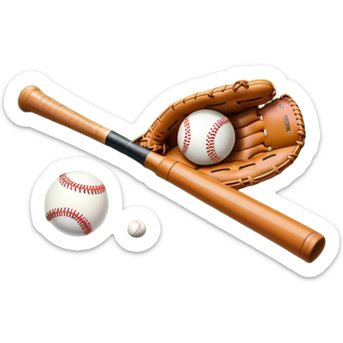 A baseball bat, ball, and glove placed on the grass of a baseball field, with the diamond and base lines clearly visible in the background. The scene captures the essence of the sport, with the equipment ready for action on the neatly marked field. sticker